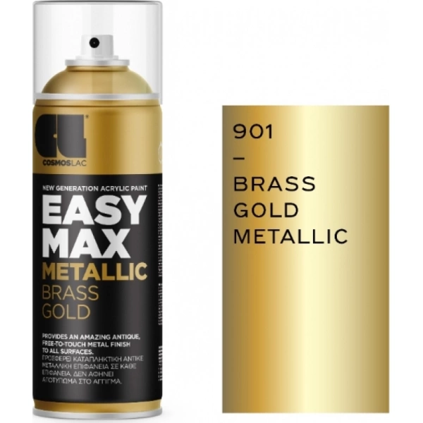 Cosmos Lac Σπρέι Βαφής Easy Max Metallic Ακρυλικό με Σατινέ Εφέ Brass Gold 400ml