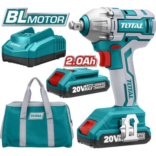 Total TIWLI2001 Brushless Μπουλονόκλειδο 20V 2x2Ah με Υποδοχή