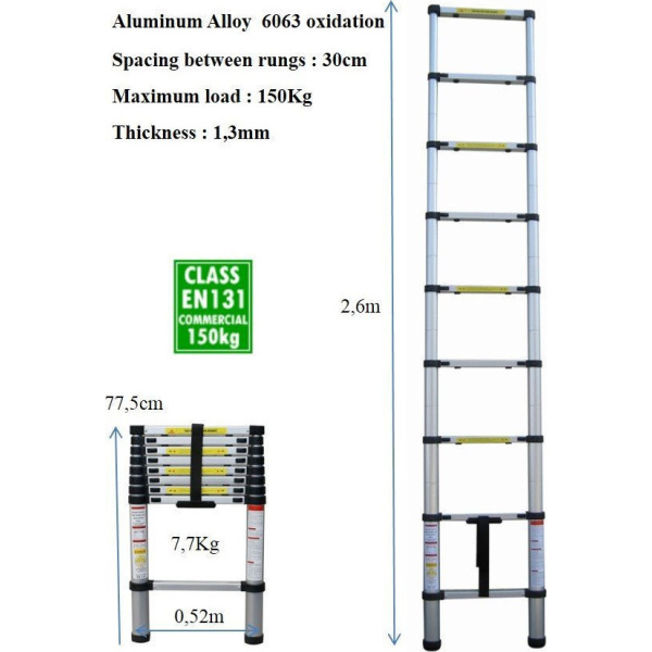 OEM Τηλεσκοπική Σκάλα Αλουμινίου 9 Σκαλιών με Μέγιστο Ύψος 2.6m TL262
