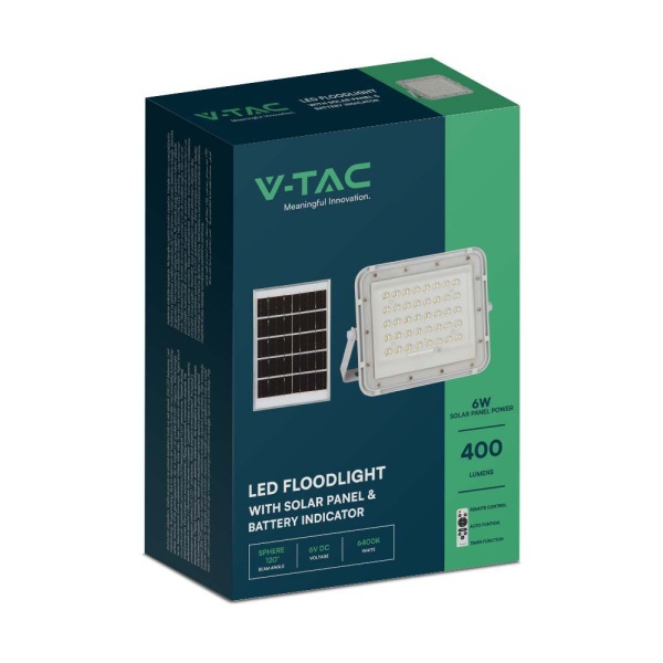 V TAC Ηλιακός Προβολέας LED 10W 800lm IP65 με Χειριστήριο & Ένδειξη Μπαταρίας Άσπρο Σώμα Ψυχρό Λευκό 7841 6