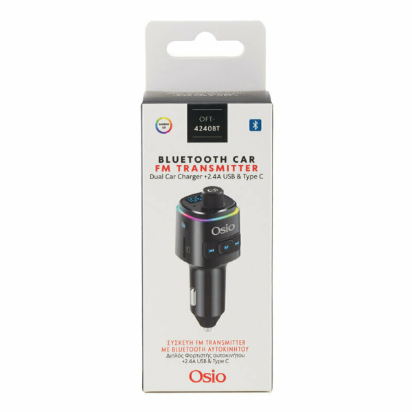 Osio Fm Transmitter και Φορτιστής με Bluetooth, Fast Charge Usb & Usb Type C, Micro Sd και Led OFT 4240BT 4